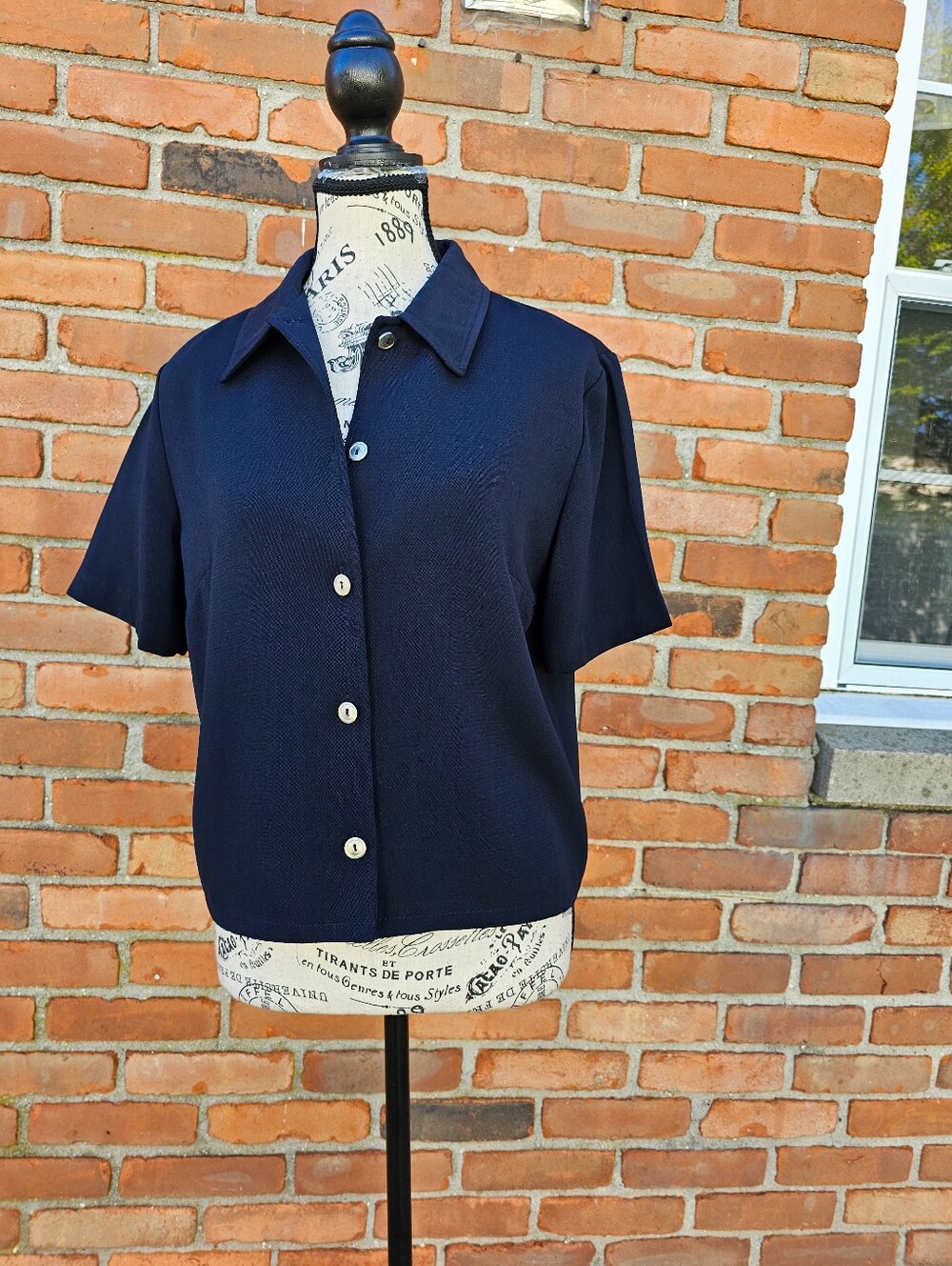 Vintage Casual Corner Annex Navy Blue Short Sleeve Button Front Blouse Size 8 US
